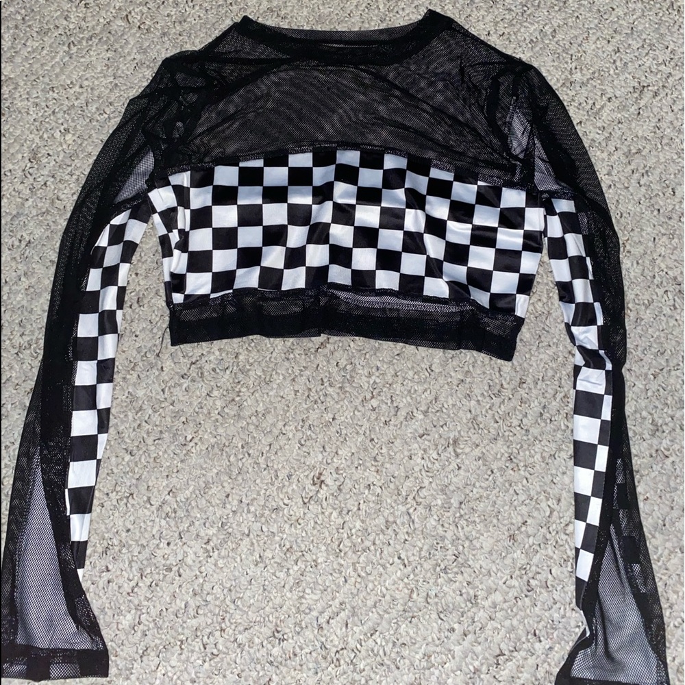Mesh Checkered Long Sleeve Crop Top